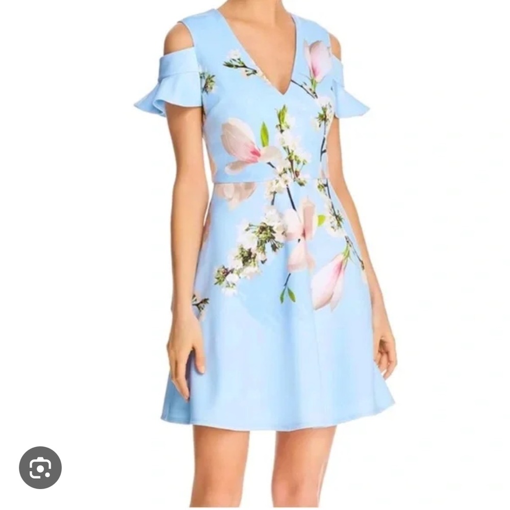Ted Baker London Effrae Harmony Cold Shoulder Blue Floral Dress Size 1 US size 4